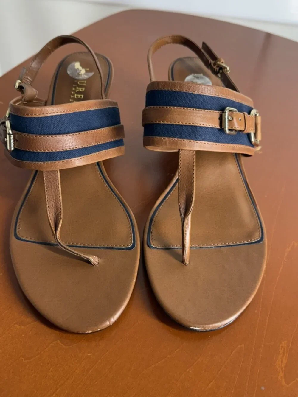 Lauren Ralph Lauren Stap Back Sandle With 2” Heel Navy & Brown Leather 9.5B